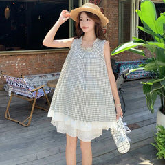 Maternity Sleeveless Square Neck Plaid Frill Trim Tunic / Drawstring Waist Eyelet Lace Wide Leg Shorts
