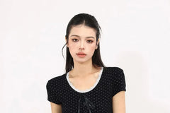 Short-Sleeve Scoop Neck Polka Dot Lace Trim Crop T-Shirt