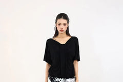 Short-Sleeve V-Neck Plain Shirred T-Shirt