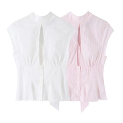 Sleeveless Collared Tie Neck Cutout Blouse