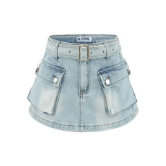High Waist Belted Mini Denim Cargo Skort