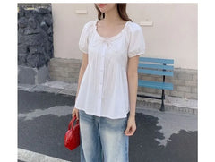 Short Sleeve Round Neck Plain Bow Ruffle Blouse