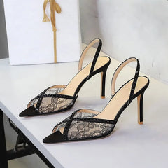 Panel Lace Slingback Stiletto Pumps