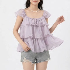 Cap-Sleeve Square Neck Ruffle Sheer Plain Crop Blouse
