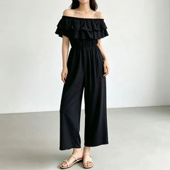 Off-Shoulder Plain Ruffled Wide Leg Jumpsuit