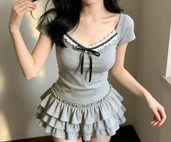 Short Sleeve V-Neck Bow Panel Lace T-Shirt