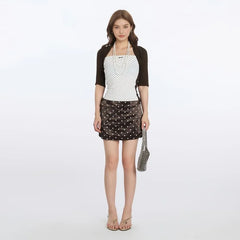 Elbow Sleeve Mock Two Piece Color-Block Polka Dot Slim-Fit Top