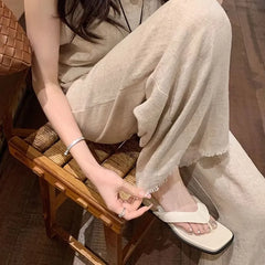 Wedge Heel Square Toe Thong Sandals