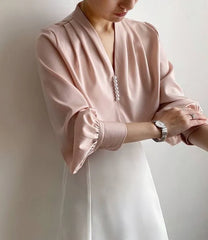 Long-Sleeve V-Neck Plain Faux Pearl Satin Blouse