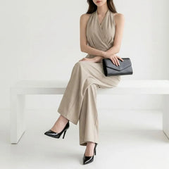 Halter Plain Wide Leg Wrap Jumpsuit