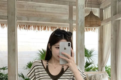Mock Two-Piece Short-Sleeve Halter Neck Striped Ruched Crop T-Shirt