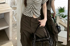 Mock Two-Piece Short-Sleeve Halter Neck Striped Ruched Crop T-Shirt