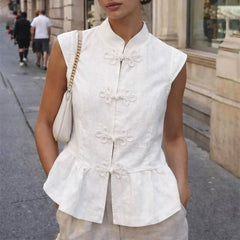 Cap-Sleeve Mandarin Collar Plain Peplum Top