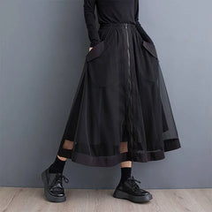 Elastic Waist Plain Large Pocket Zip Panel Mesh Midi A-Line Skirt