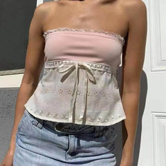 Color-Block Floral Embroidered Lace-Trim Tube Top