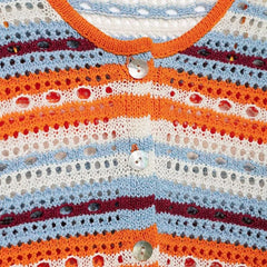 Elbow-Sleeve Striped Crochet Knit Cardigan
