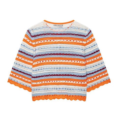 Elbow-Sleeve Striped Crochet Knit Cardigan