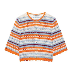 Elbow-Sleeve Striped Crochet Knit Cardigan