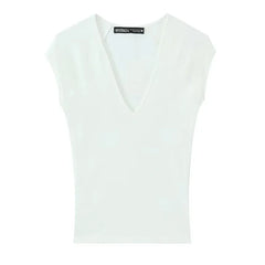Cap-Sleeve V-Neck Plain T-Shirt