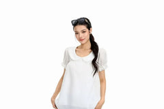 Short Sleeve Collared Plain Lace Trim Blouse