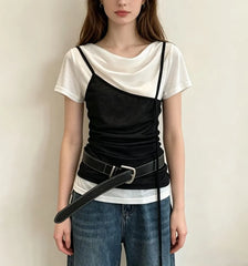 Short Sleeve Mock Two Piece Cowl Neck Color-Block Slim-Fit Top