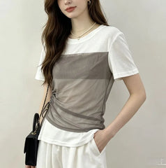 Short Sleeve Mock Two Piece Mesh Panel Side Drawstring Slim-Fit Top