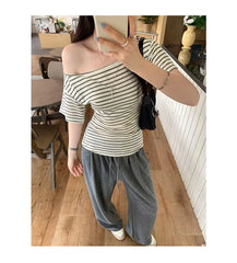 Short-Sleeve Off Shoulder Striped Ruched T-Shirt