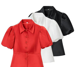 Puff Sleeve Spread Collar Plain Peplum top