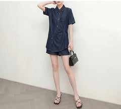 Set: Short-Sleeve Collared Asymmetrical Contrast Stitched Ruched Button-Up Blouse + High Waist Wide Leg Shorts