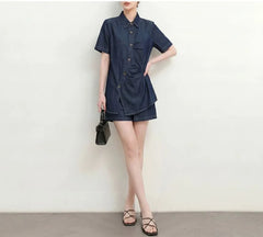 Set: Short-Sleeve Collared Asymmetrical Contrast Stitched Ruched Button-Up Blouse + High Waist Wide Leg Shorts