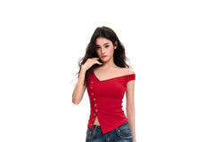 Sleeveless Asymmetrical Button-Up Plain Crop Top