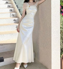 Short-Sleeve Off Shoulder Plain Ruched Maxi A-Line Dress