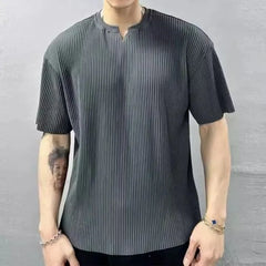 Elbow-Sleeve Notch Neck Plain Ribbed T-Shirt