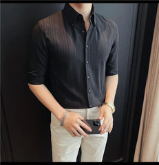 Elbow-Sleeve Button-Up Plain Shirt