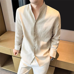 Long-Sleeve Button-Up Plain Shirt / Stand Collar Shirt