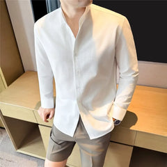 Long-Sleeve Stand Collar Button-Up Plain Shirt