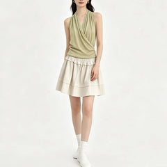 Halter V-Neck Plain Ruched Open Back Knit Top