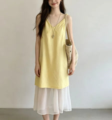 Sleeveless V-Neck Plain Mesh Panel Loose-Fit Maxi Dress