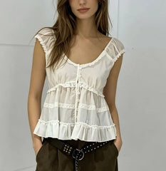 Cap Sleeve Scoop neck Plain Ruffled-Trim Blouse