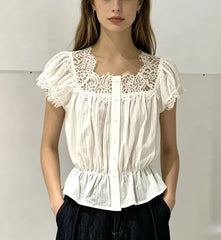 Puff Sleeve Square-Neck Lace Panel Plain Slim-Fit Blouse
