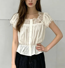 Puff Sleeve Square-Neck Lace Panel Plain Slim-Fit Blouse
