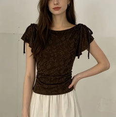 Cap Sleeve Boat Neck Plain Lace Slim-Fit Top