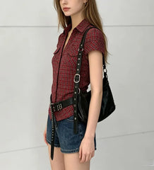Short Sleeve V-Neck Plaid Slim-Fit Shirt / Polka Dot Shirt