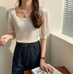 Puff-Sleeve Square-Neck Paneled Ribbed Button-Up Blouse