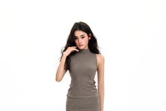 Turtleneck Plain Slim Fit Tank Top / High Waist Midi Pencil Skirt