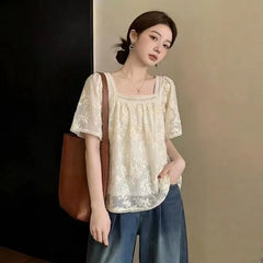 Short-Sleeve Square Neck Lace Blouse