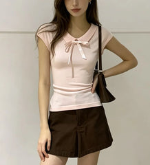 Cap Sleeve V-Neck Collared Ribbon Slim-Fit Top