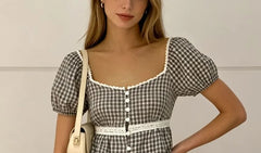 Short Sleeve Square Neck Lace Panel Slim-Fit Blouse