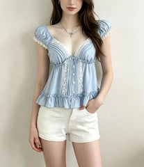 Cap Sleeve V-Neck Lace-Trim Ruffled-Hem Slim-Fit Blouse