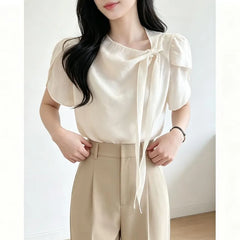 Short-Sleeve Bow Accent Asymmetrical Plain Blouse
